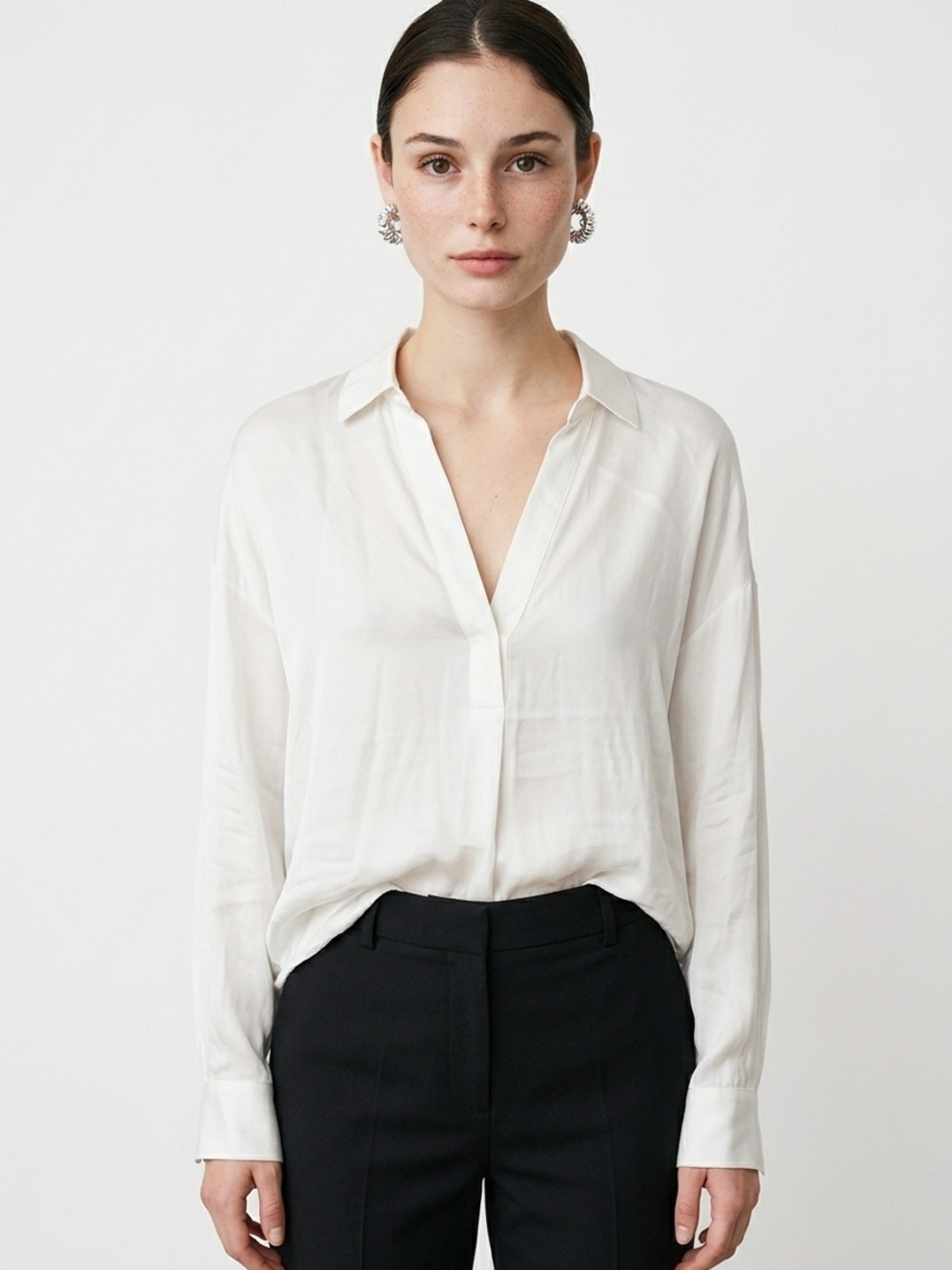VINCE. | NEW Ivory 100% Silk Button-Front Long Sleeve Blouse Women’s Size Large